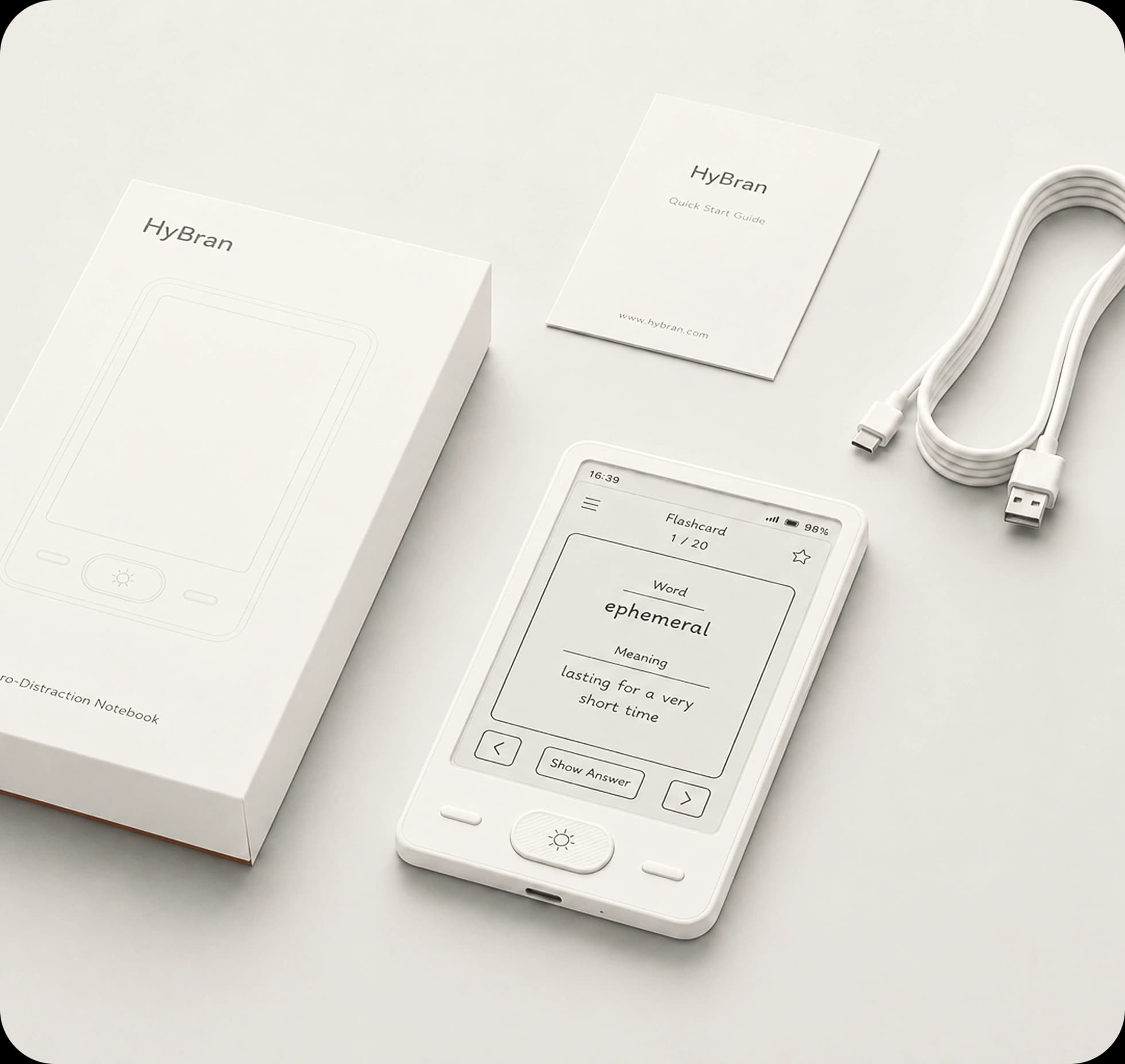 HyBran device with box, manual, and USB-C cable