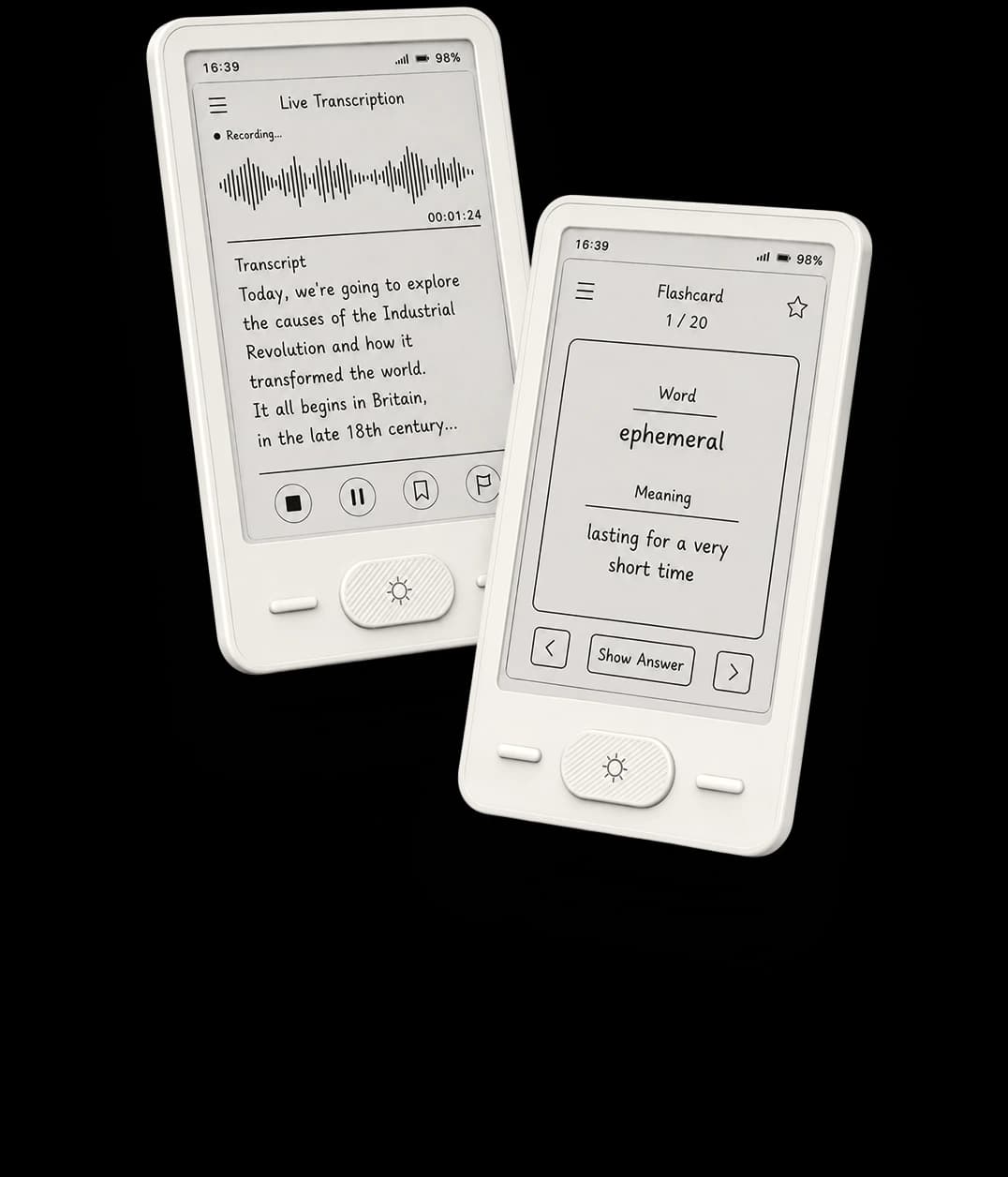 HyBran e-ink devices showing live transcription and flashcards
